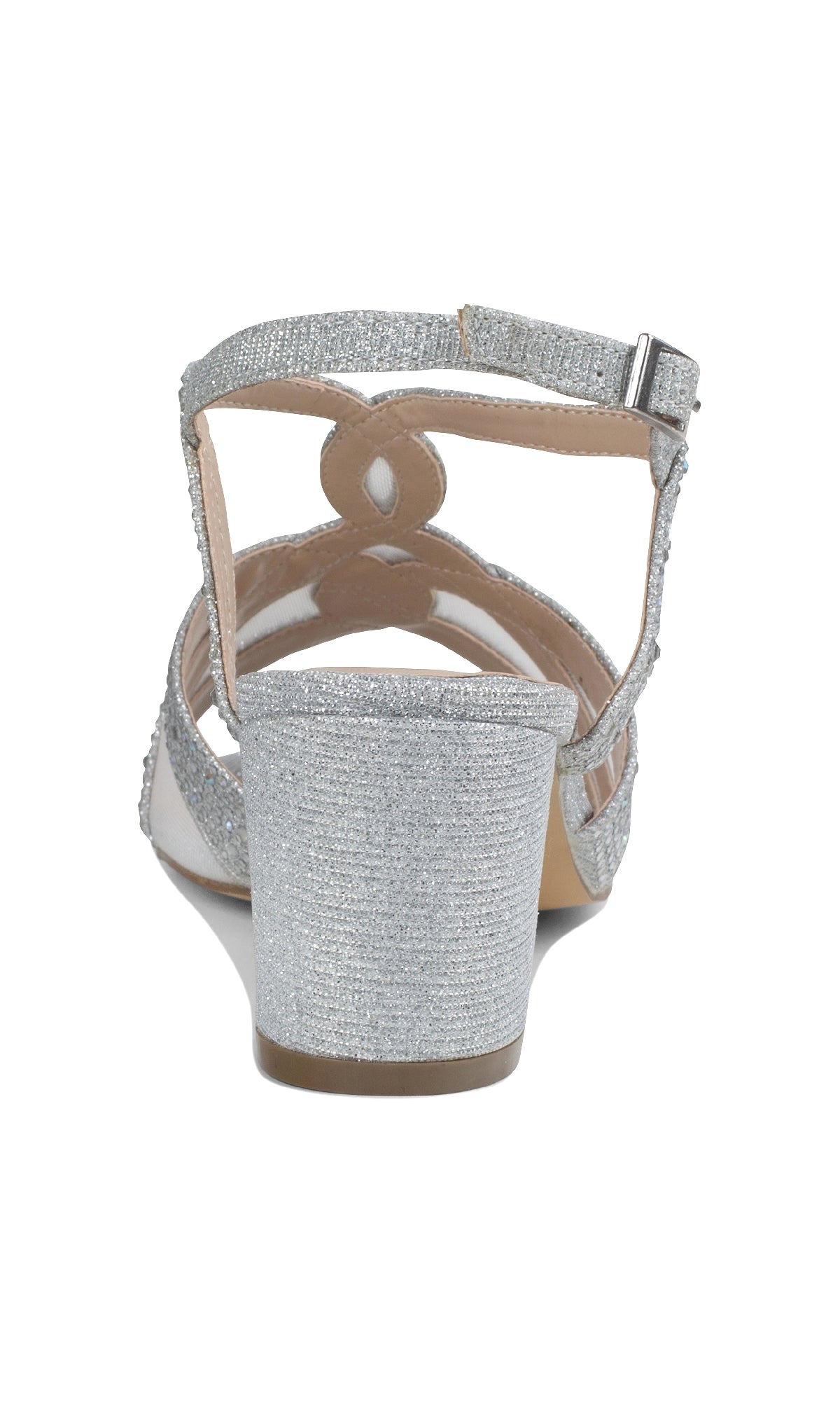 Rear view of Nadia Silver Prom Shoes: Paradox London P2208 featuring a silver shimmer finish, open toe, low block heels, and an ankle strap with buckle closure.